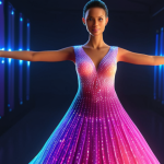 A digital avatar wearing a vibrant, color-changing dress that defies gravity, showcasing the limitless possibilities of digital fashion. The avatar is in a virtual environment with soft, glowing lights.