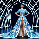 A sophisticated digital avatar showcasing an elegant, modest virtual haute couture gown on a futuristic metaverse runway. The avatar is fully clothed in a beautifully designed, flowing dress with intricate futuristic patterns. The background features glowing abstract digital art installations and a vibrant, immersive virtual exhibition space. The avatar is in a natural, confident pose, emphasizing the garment's design. High-resolution digital rendering, hyperrealistic details, perfect anatomy, correct proportions, well-formed hands, proper finger count, safe for work, appropriate content, fully clothed, modest, professional.