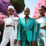 Home 9 디지털 패션의 윤리적 고려사항 - **Prompt:** A diverse group of young adults, confidently showcasing cutting-edge, stylish digital ha...