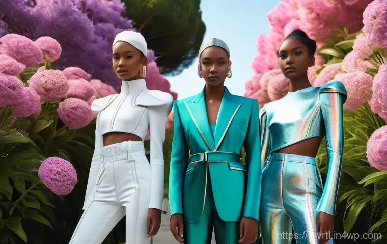 디지털 패션의 윤리적 고려사항 - **Prompt:** A diverse group of young adults, confidently showcasing cutting-edge, stylish digital ha...