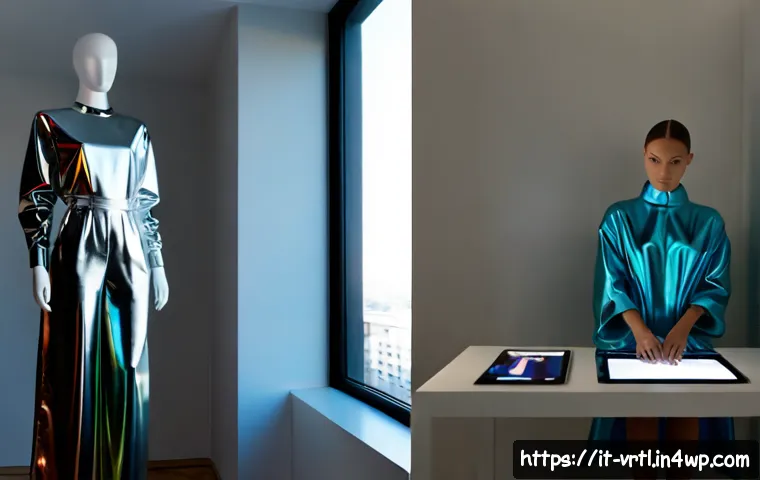 가상 의류 아이템의 인기 브랜드 비교 - Photorealistic editorial comparison scene of two unbranded virtual fashion collections displayed on ...